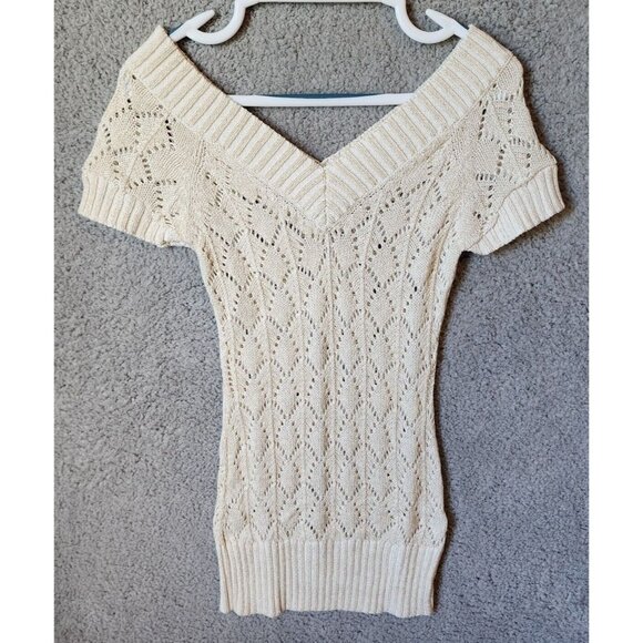 Vtg Y2K Cache Short Sleeve V Neck Open Knit Long Sweater Top Ivory Metallic XS - Picture 1 of 11